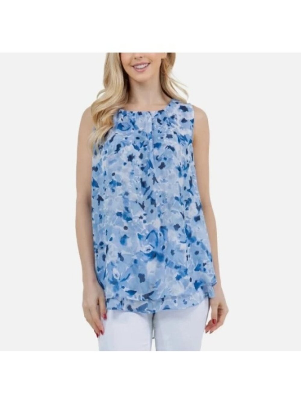 Cristina B Sleeveless Floral Chambray Blouse Small